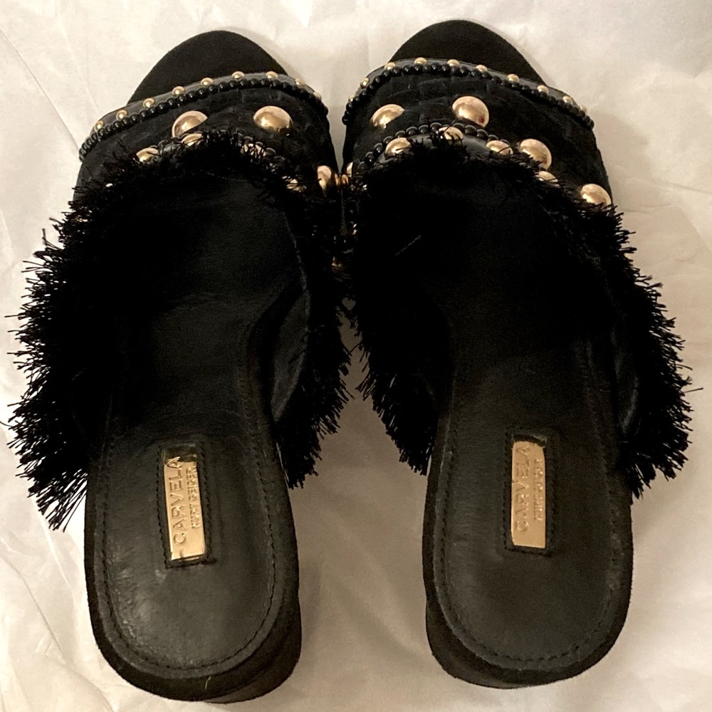Carvela Kurt Geiger ‘Gander’ Mid Heel  Gold Studded Black Suede Mule Heels 37 - Picture 6 of 16